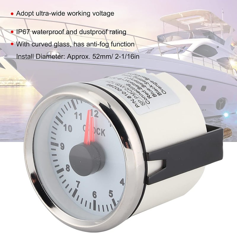 equlup 2in Dial Clock Meter, 0‑12 Hourmeter Clock Instrument Panel Gauges Display Red Backlight 12V/24V Universal Car Air Vent Decorative Watch for Auto Boat Motorcycle (white) - Image 3
